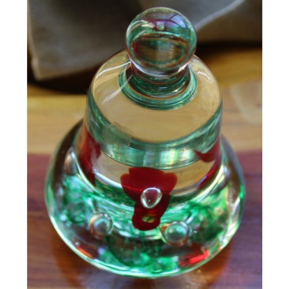 1995 Red & Green Floral Clear Joe Rice 4” Bell Glass Paperweight